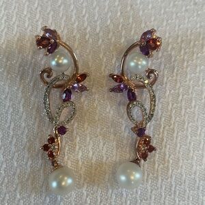 STS Rose Gold Tone 925 Silver Drop Earrings with Pearls, Amethysts, Ruby, and CZ